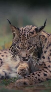 Wild serval cat grooming paw in natural outdoor setting