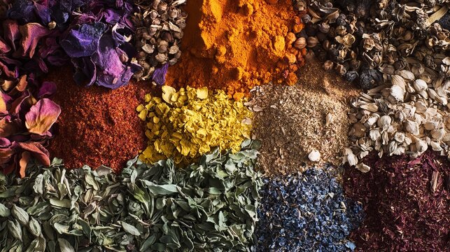 A vibrant assortment of colorful spices and herbs arranged in a neat pattern