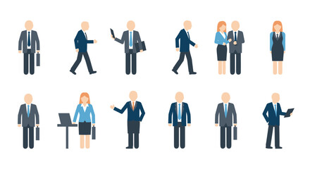 Flat Design Business People Vector Icons Set: Professionals in Various Poses & Actions for Corporate Concepts