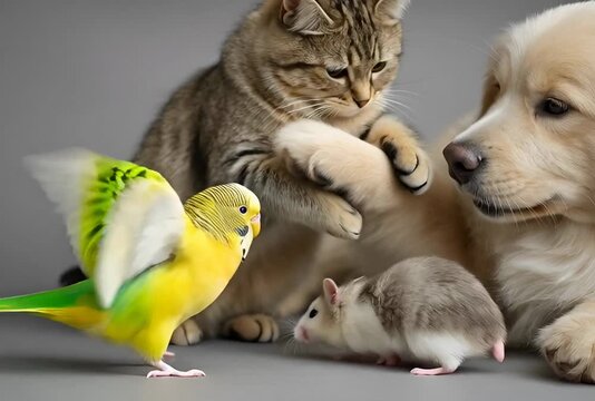 Un gato atigrado, un golden retriever, un periquito y un rat&oacute;n blanco posan juntos en un fondo gris.