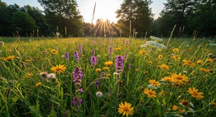 Obraz premium A serene field of vibrant wildflowers swaying gently in the breeze at sunrise