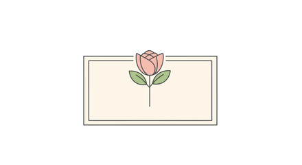 Simple minimalist illustration of a pink rose in a rectangular frame.