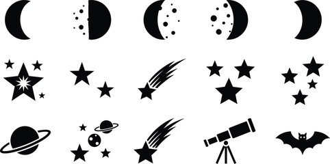 Black vector silhouettes of night sky elements including moon phases stars planets and a bat © Simu Store