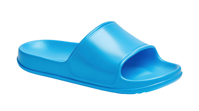 Bright blue rubber slide sandal for summer beach and pool comfort isolated.

