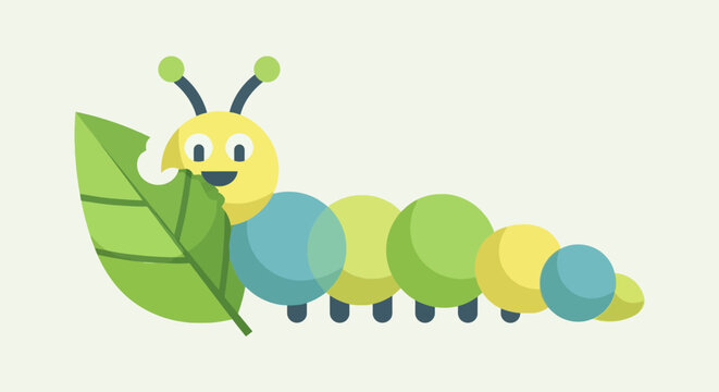 Cute cartoon caterpillar eating a leaf vector flat design; bright and colorful illustration of an insect larva devouring foliage isolated on clean backdrop