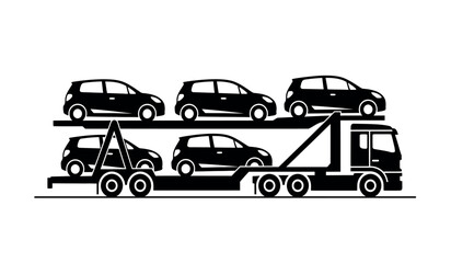 Naklejka premium Black silhouette of a car carrier truck transporting multiple vehicles on two levels