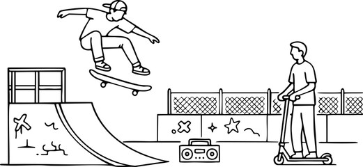 Dynamic line art illustration of a skateboarder mid-air over a ramp at a vibrant skatepark, with a friend on a scooter. The mood is energetic and youthful. © Nenana