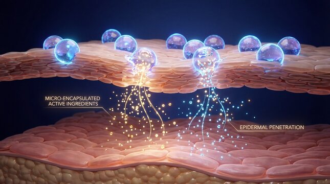 Skin structure visualization with encapsulated active ingredients and epidermal penetration digital illustration