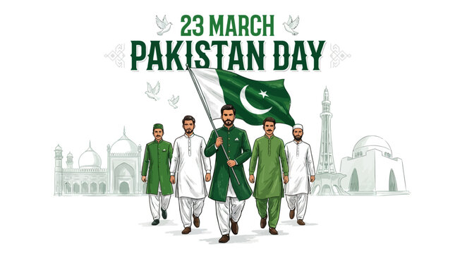 "Pakistan Day 23 March Vector Illustration, Patriotic Celebration, National Flag, Traditional Attire, Minar-e-Pakistan, Faisal Mosque, Peace Doves, Cultural Heritage, Unity, Festive Vector Artwork"
