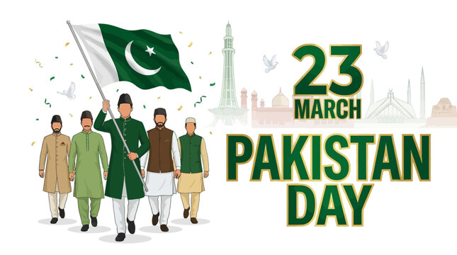 "Pakistan Day 23 March Vector Illustration, Patriotic Celebration, National Flag, Traditional Attire, Minar-e-Pakistan, Faisal Mosque, Peace Doves, Cultural Heritage, Unity, Festive Vector Artwork"