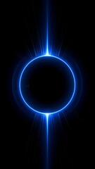 Neon blue glowing circle with vertical light flares on a stark black backdrop
