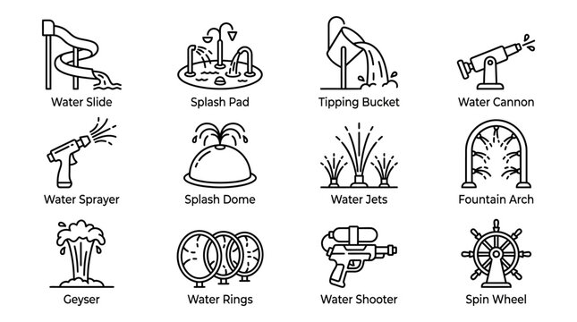 "Water Play Features Vector Illustration Set, Splash Pad Icons, Water Park Equipment, Fun Interactive Elements, Slides, Fountains, Sprayers, Buckets, Jets, Creative Vector Artwork"