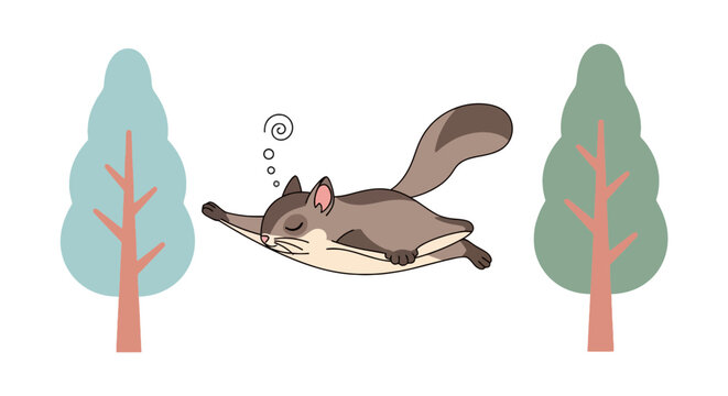 Cartoon sleeping sugar glider illustration with flat design surrounded by stylized trees on a white background perfect for children's content