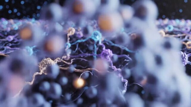 Abstract neural network with active glowing synapses on dark background