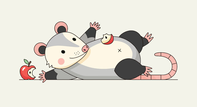 Cartoon possum lying down next to apple vector illustration; flat design of cute opossum relaxing with fruit; animal art
