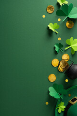A vertical festive St. Patrick's Day greeting scene featuring paper shamrocks, scattered gold...