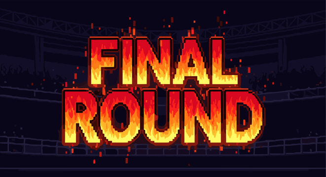 Explosive pixel art text effect with fiery final round theme