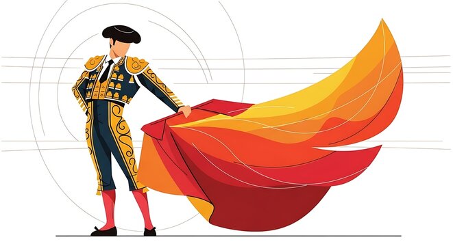 Matador holding red and orange cape.