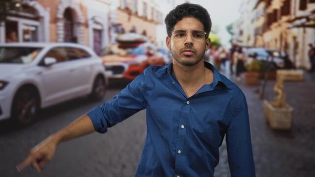 Man points finger toward traffic and parked car on cobbled street while wearing blue shirt and glasses; direction warning urgency.