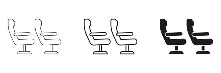 Airplane Seats Line And Solid Icon Set. Travel Comfort, Airline Seating, And Passenger Experience Outline And Silhouette Symbol Collection. Isolated Vector Illustration