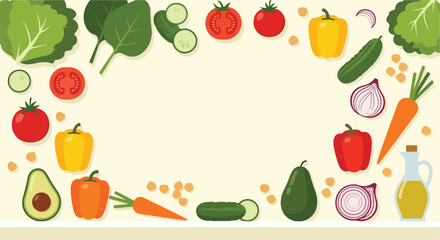 This vector illustration showcases a colorful array of fresh vegetables and salad ingredients arranged as a vibrant border around a blank central space.