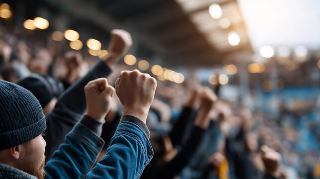 Faceless crowd of sports fans cheering during match in stadium, people excited cheering for favorite sports team to win game, passionate support, with copy space