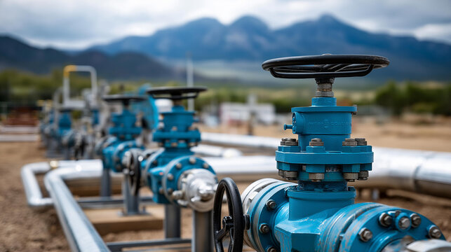 Rural gas wellhead control valves with defocused mountain background, countryside energy infrastructure, outdoor industrial equipment, natural gas extraction, remote facility,