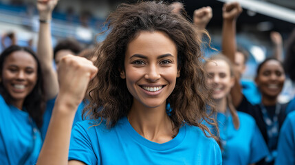 Fototapeta premium Faceless group of sky blue football team fans cheering and celebrating winning tournament or league in stadium, wearing team colors, championship victory, with copy space