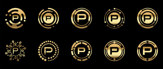 Luxury gold letter P logo collection with modern circular and tech-inspired designs. Elegant metallic monogram icons on black background for premium branding, technology, finance, and digital identity