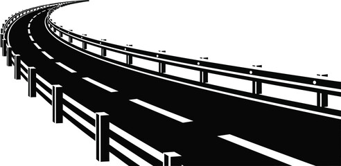 Curving highway road with protective railings and lane markings presented as a striking black silhouette on transparent background high quality professional © GDMala02