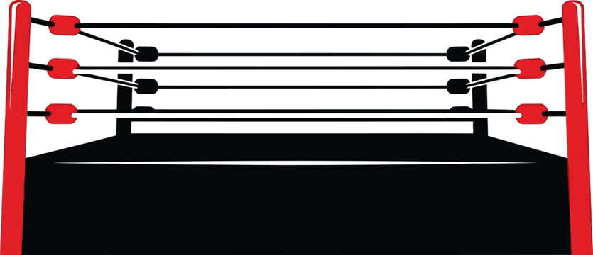 A black wrestling ring with red corner posts and ropes viewed from the front on transparent background silhouette high quality professional