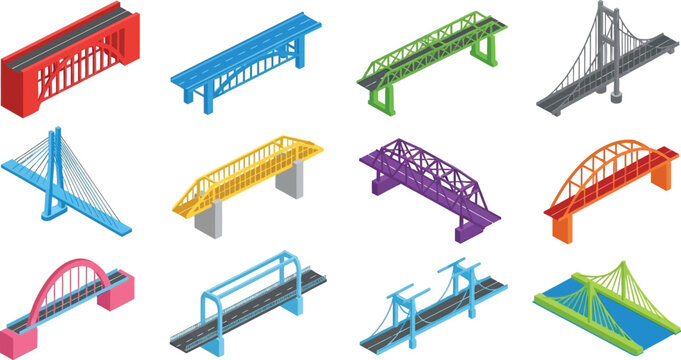 Isometric bridge illustrations showcasing various designs and colors including suspension arch and beam bridges on transparent background silhouette high quality professional