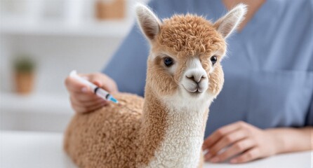 Fototapeta premium Alpaca getting injection from woman veterinarian. Concept of animal health care, vaccine, and veterinary medicine for domestic pet.