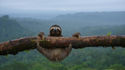 Naklejka premium Smiling Sloth Hanging on Tree Branch in Rainforest