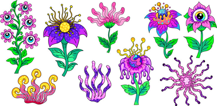 Psychedelic alien flowers, fantasy space plants, surreal nature set