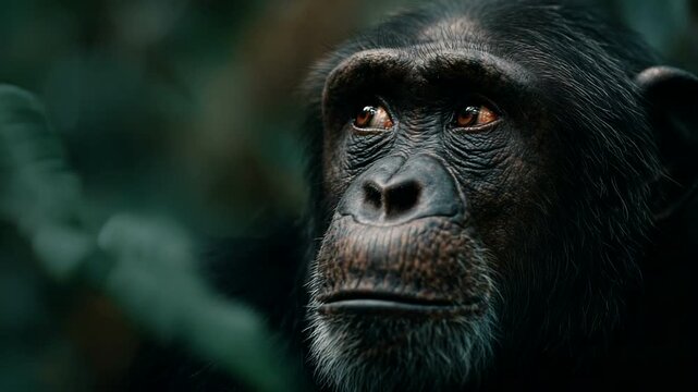 Close-up of a contemplative chimpanzee in nature