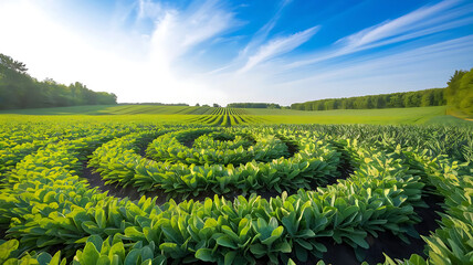Fototapeta premium Aerial view of meticulously arranged green crop fields under a clear sky