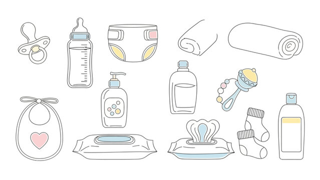 Collection of essential baby care items on a clean white background.