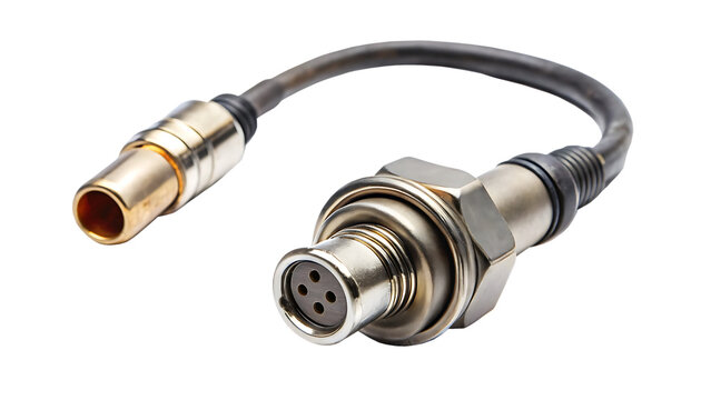 Engine lambda sensor probe with threaded connector and flexible cable on sleek metallic finish isolated on a transparent background