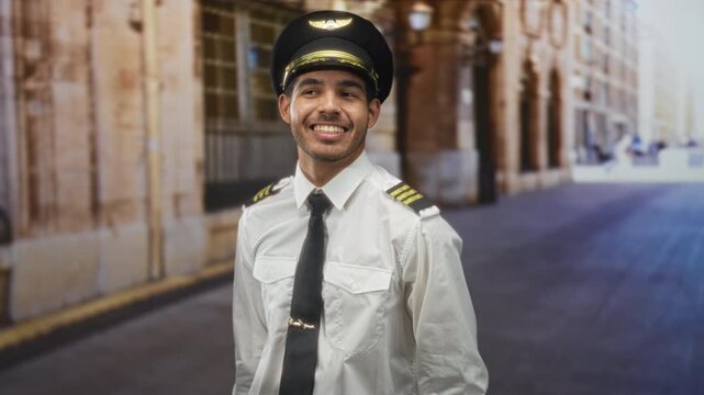 Pilot man pointing finger to side and smiling, wearing pilot cap and uniform on a sunlit street; confidence approachability travel.