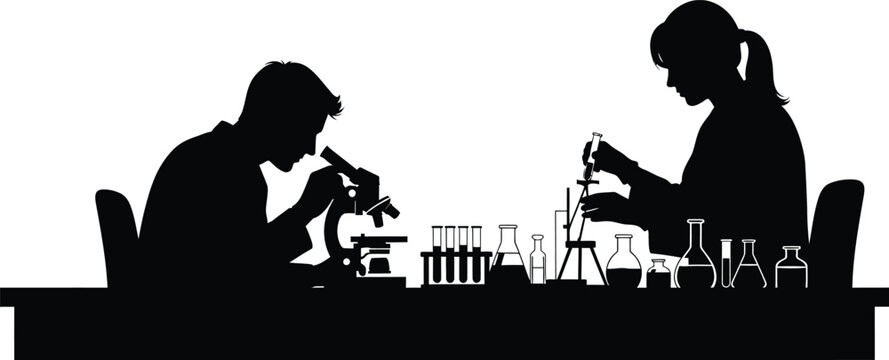 Two scientists working in a laboratory setting with equipment glassware and microscopes on transparent background silhouette high quality professional detailed modern
