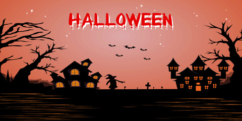 Dark haunted house silhouette with bats and spooky trees at night. Halloween horror background illustration ideal for posters, party flyers, banners, social media and seasonal promotions.