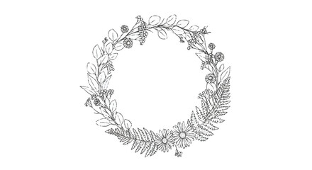 Black and white floral wreath with leaves and flowers circular botanical
