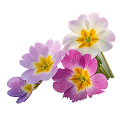 Delicate spring primroses in soft pink, white, and yellow hues on a transparent background isolated on a transparent background