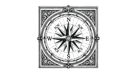Vintage compass with ornate frame and directional labels navigation © Stock Fire