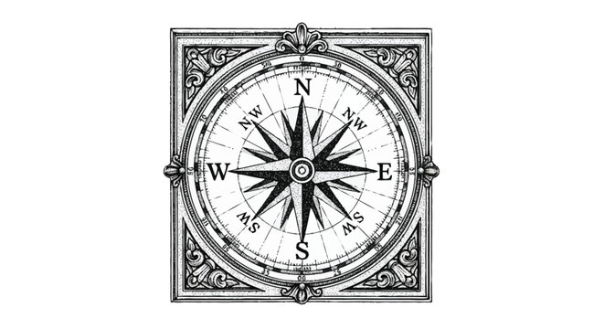 Vintage compass with ornate frame and directional labels navigation
