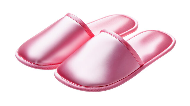 Pair of pink satin open-toe house slippers for feminine home comfort isolated.

