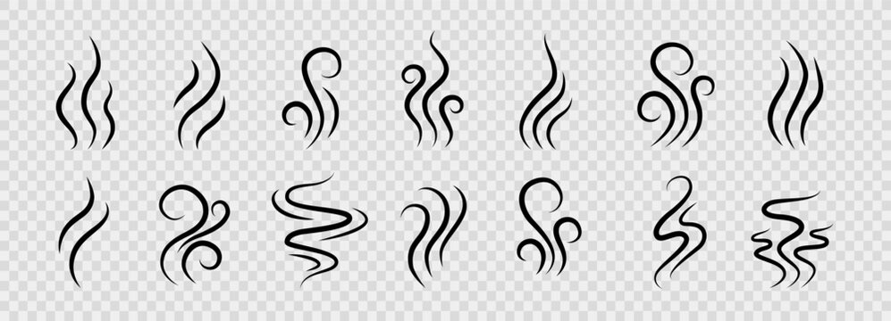 Smoke steam of coffee with smell line icon set. Hand drawn scent stream and wavy aroma doodle lines. Sketch hot vapor steam with smell and cooking fragrance.