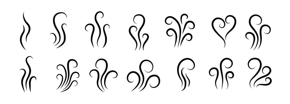 Smoke steam of coffee with smell line icon set. Hand drawn scent stream and wavy aroma doodle lines. Sketch hot vapor steam with smell and cooking fragrance.
