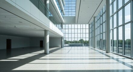 Empty modern office lobby, sunlit and spacious. Large windows offer views of the outdoors